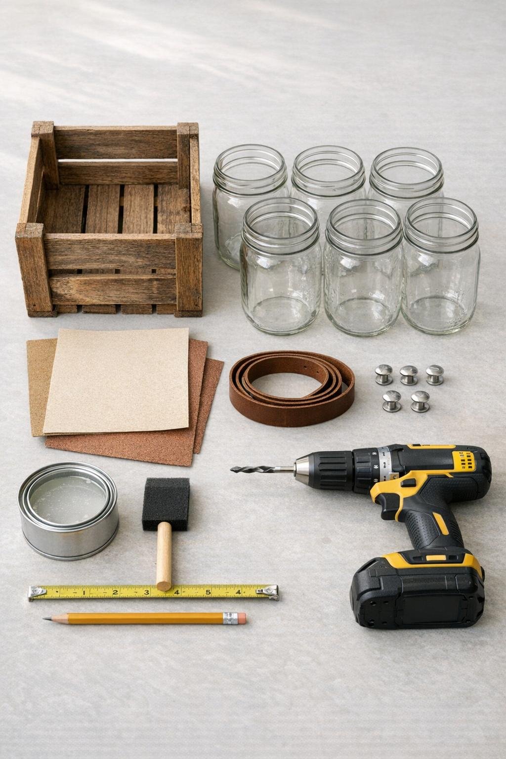 Materials for a mason jar laundry caddy laid out together
