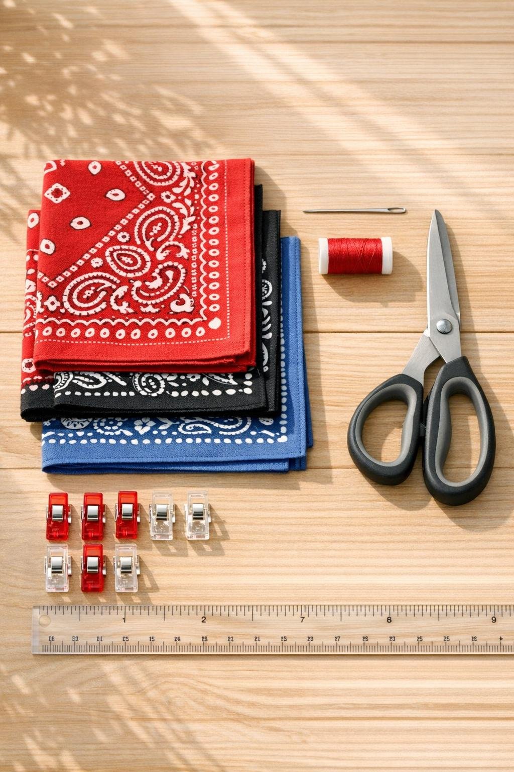 Three cotton bandanas, thread, needle, clips, and scissors laid out for the project
