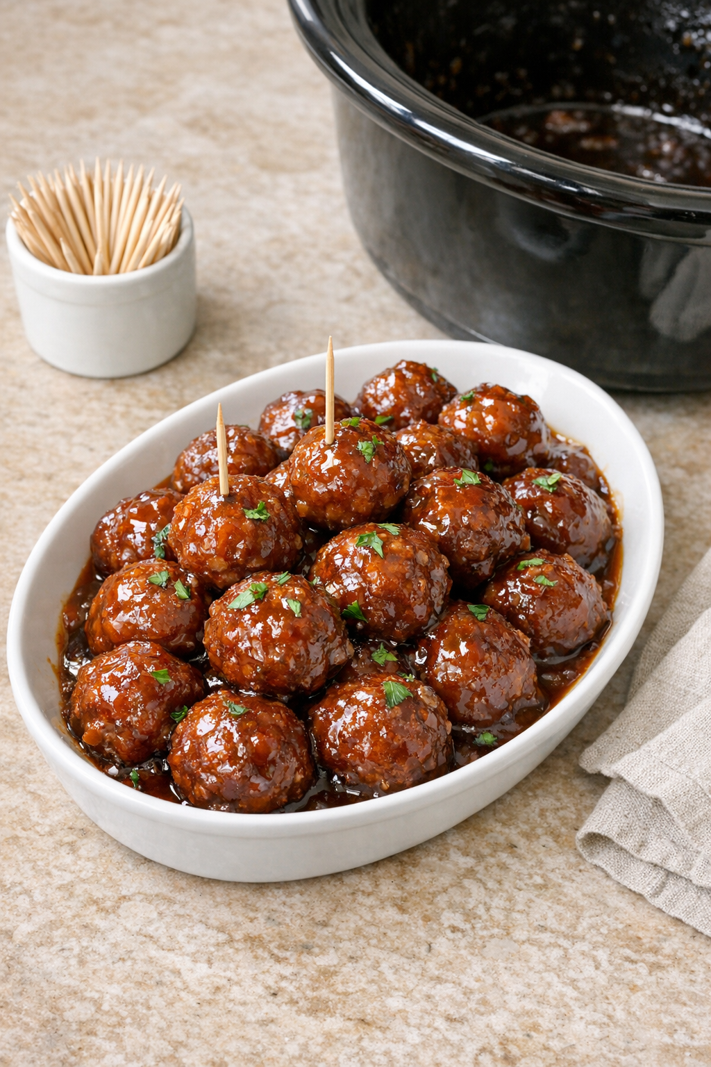 Finished apricot BBQ beef meatballs in a serving dish