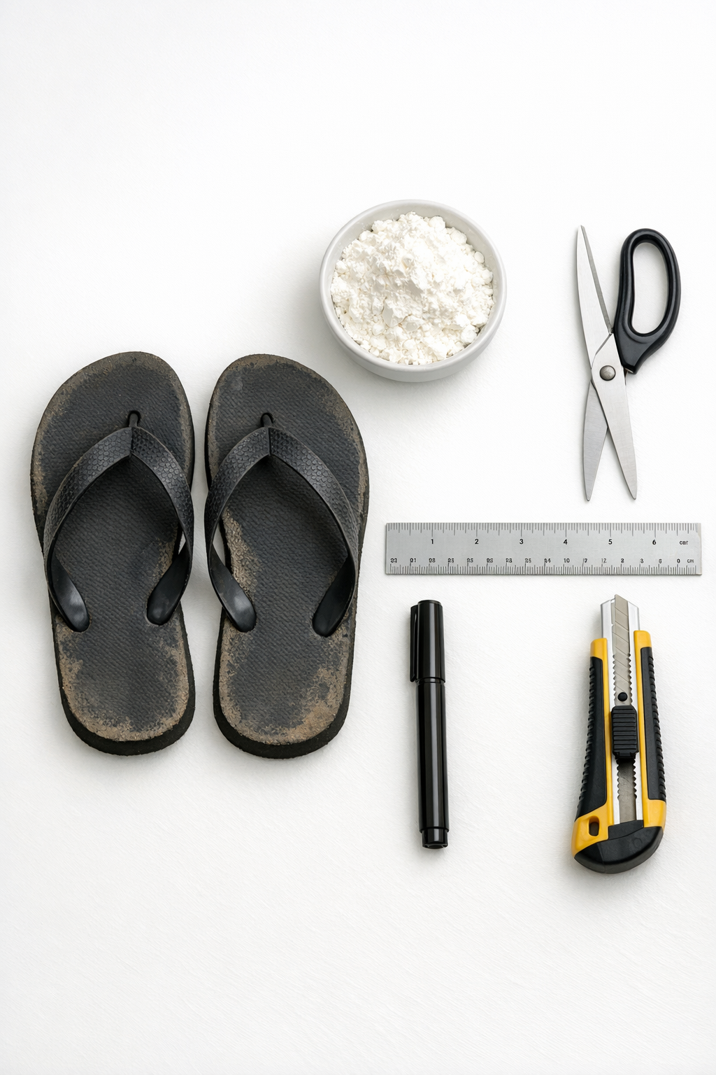 Worn foam flip-flops, cornstarch, scissors, ruler, marker, and a utility knife laid out on a table