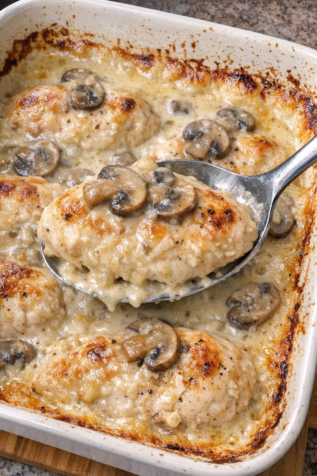 Elegant chicken breasts in creamy mushroom sauce in a casserole dish