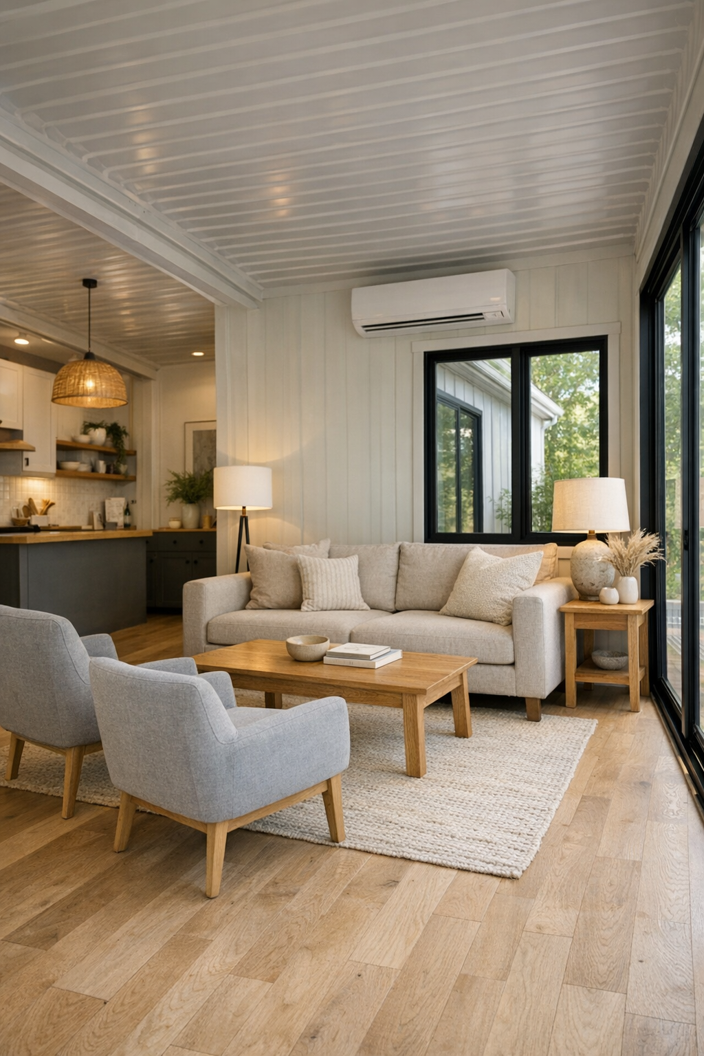 Accessible modern living room with pale oak floors, soft neutral seating, and large black-framed windows