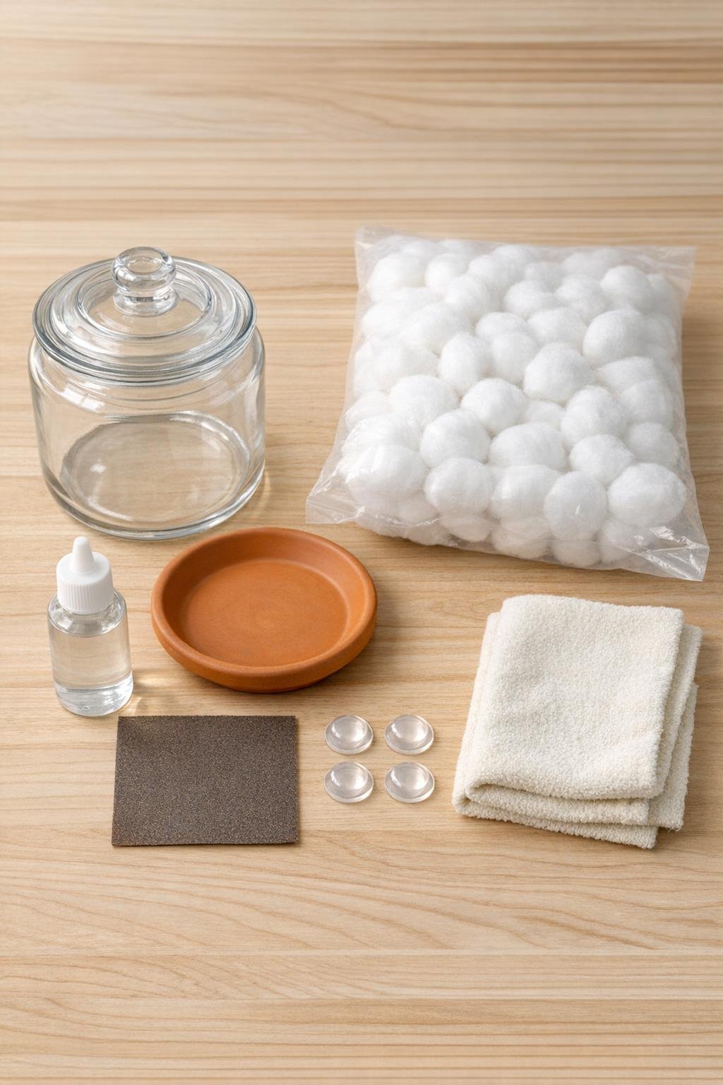 Glass cookie jar, terra cotta saucer, cotton balls, and finishing supplies laid out together