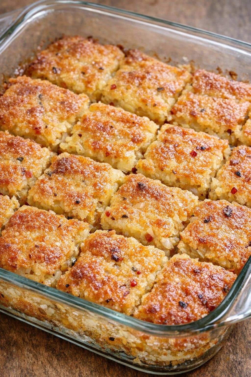 Southern spicy onion squares baked in a glass casserole dish