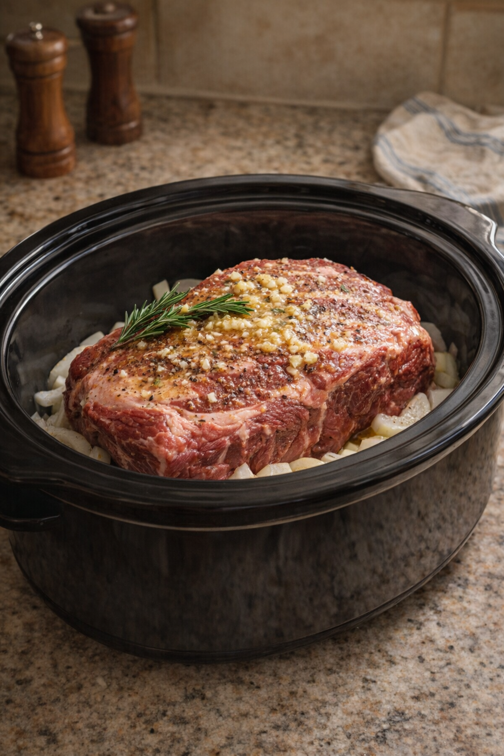 Raw chuck roast resting in a slow cooker before cooking