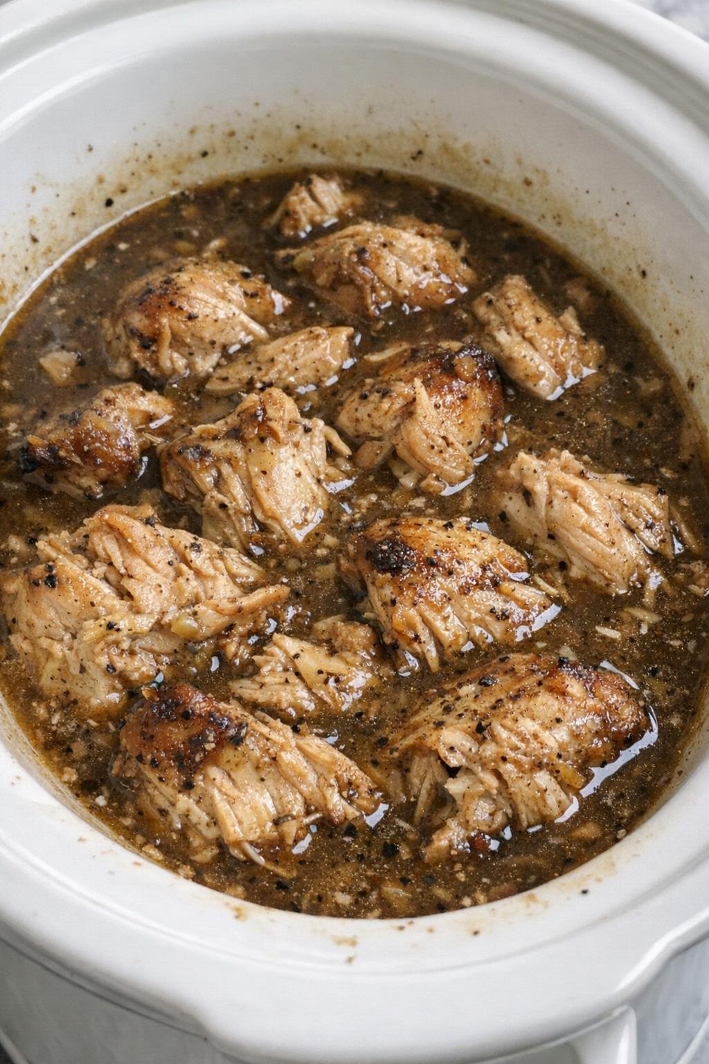 Slow cooker Amish pepper chicken in white slow cooker