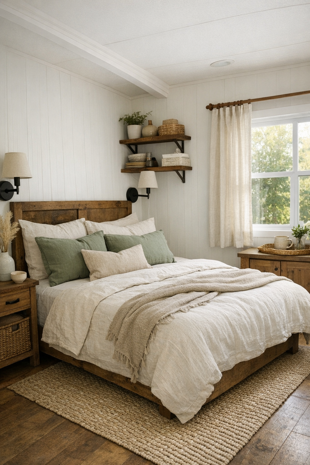 Soft farmhouse bedroom with layered bedding, warm wood details, and sage textiles