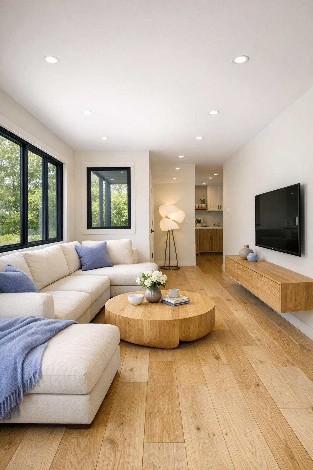 Soft modern living room inside an accessible periwinkle container home