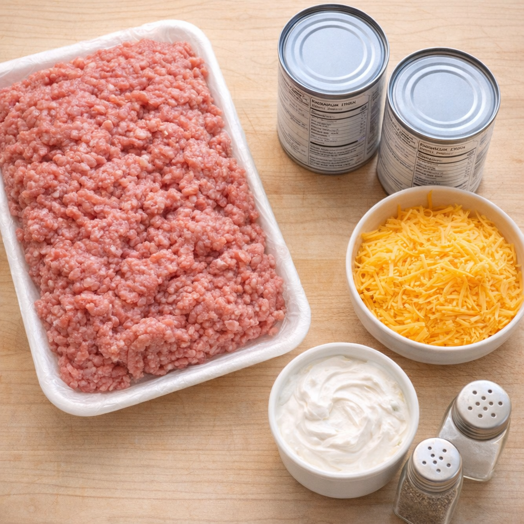 Simple casserole ingredients arranged on a kitchen counter