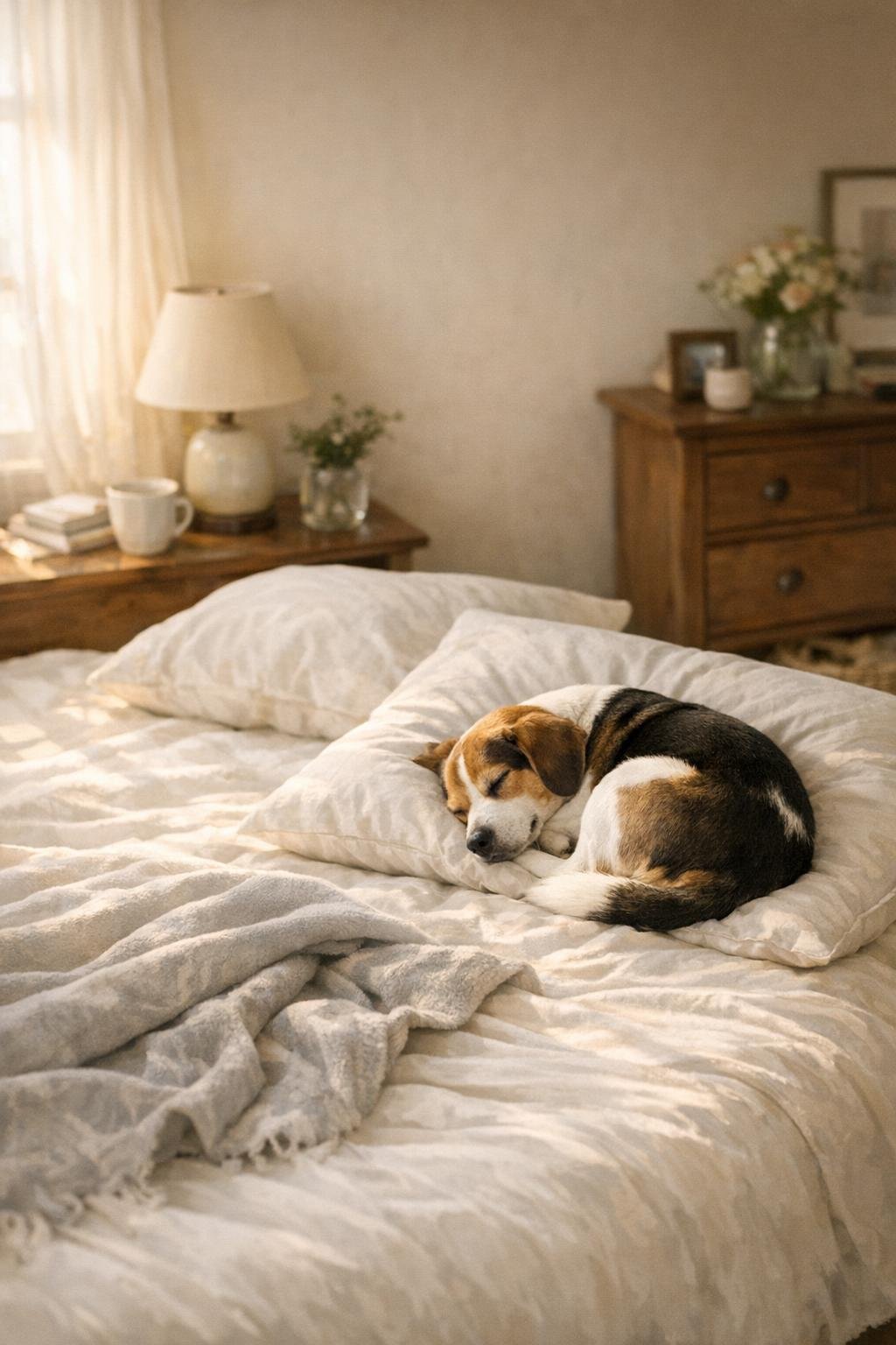 Dog curled up on a person's pillow and blanket