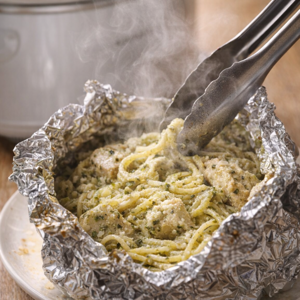 Cooked foil packet being opened with steam rising