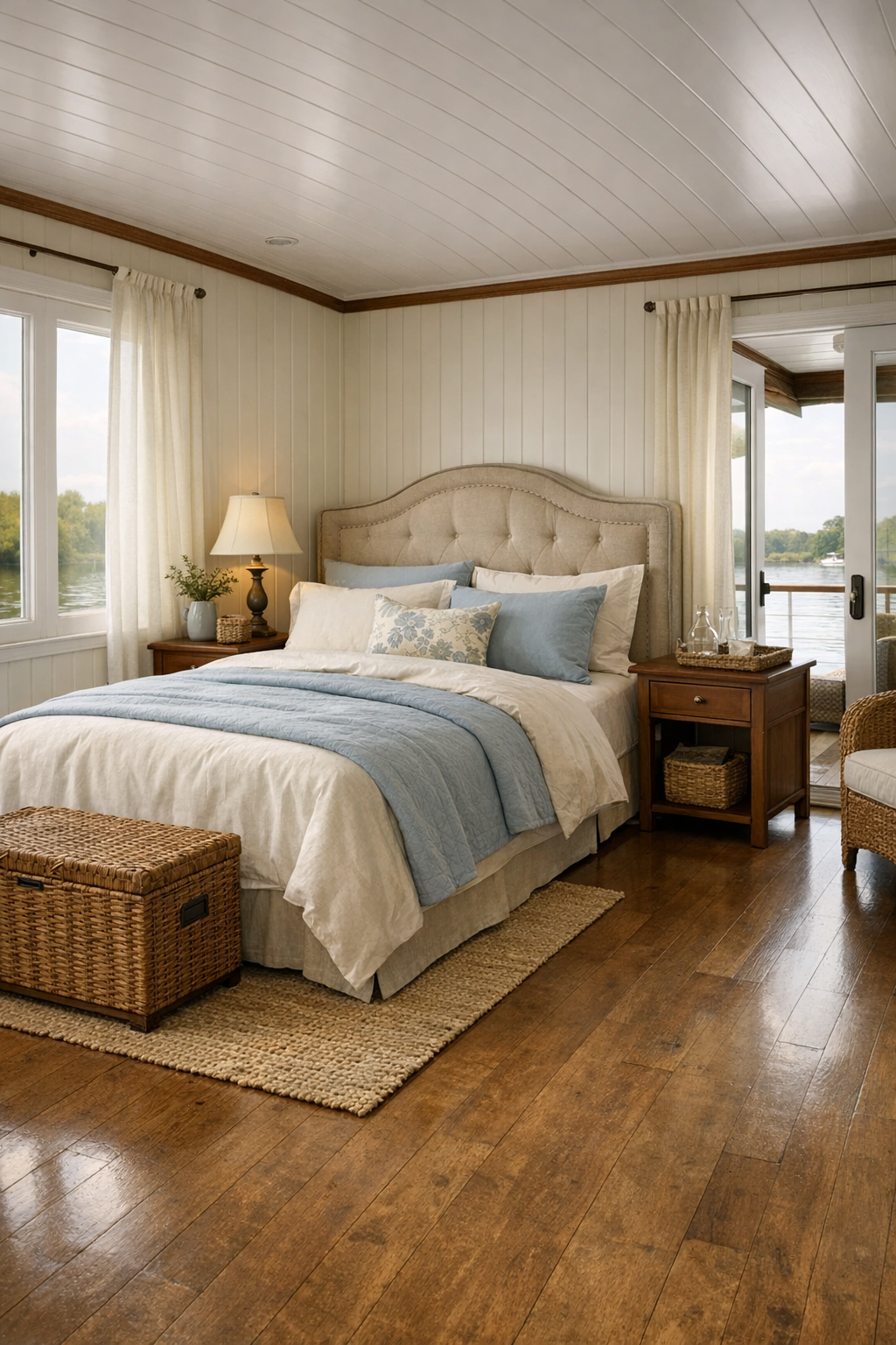 Peaceful bedroom with paneled walls, upholstered headboard, and soft blue and ivory bedding