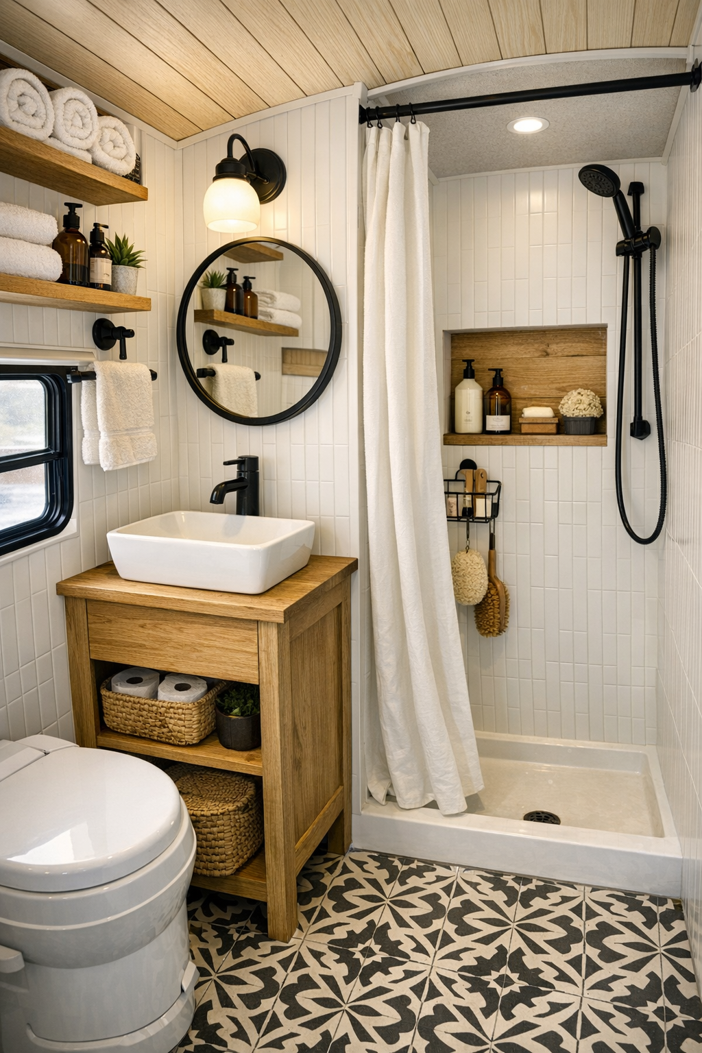 Compact bus bathroom with white tile, wood vanity, and black fixtures