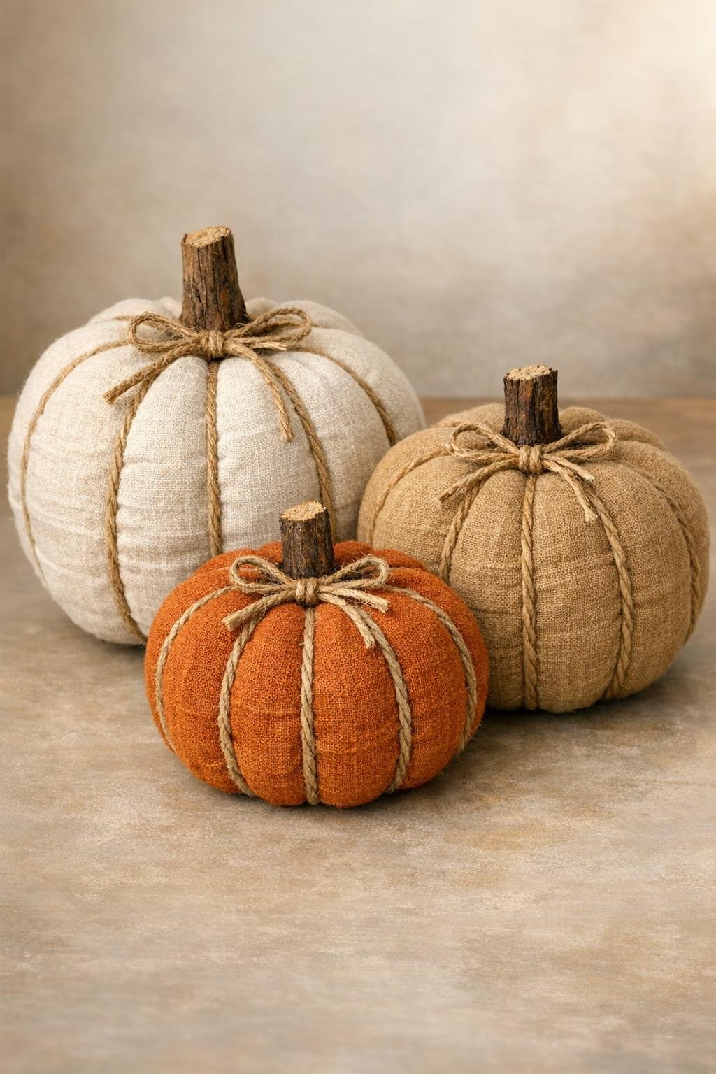 Finished trio of autumn pumpkins made from old linen dish towels
