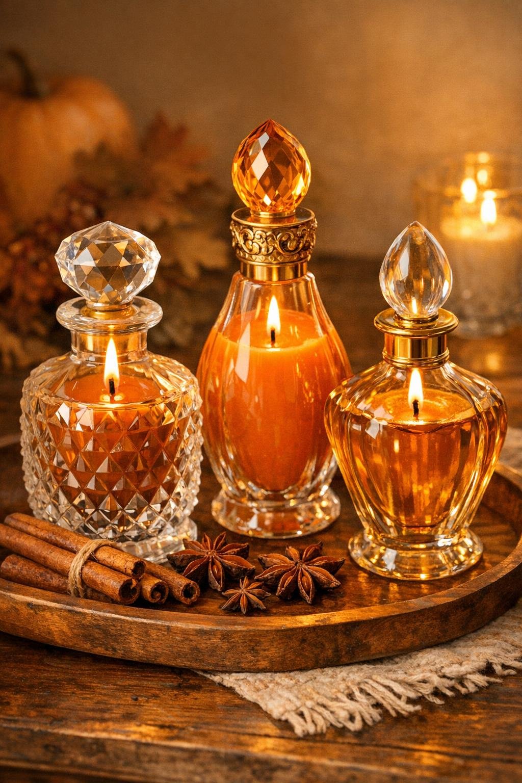 Finished three-piece fall candle collection in thrifted perfume bottles