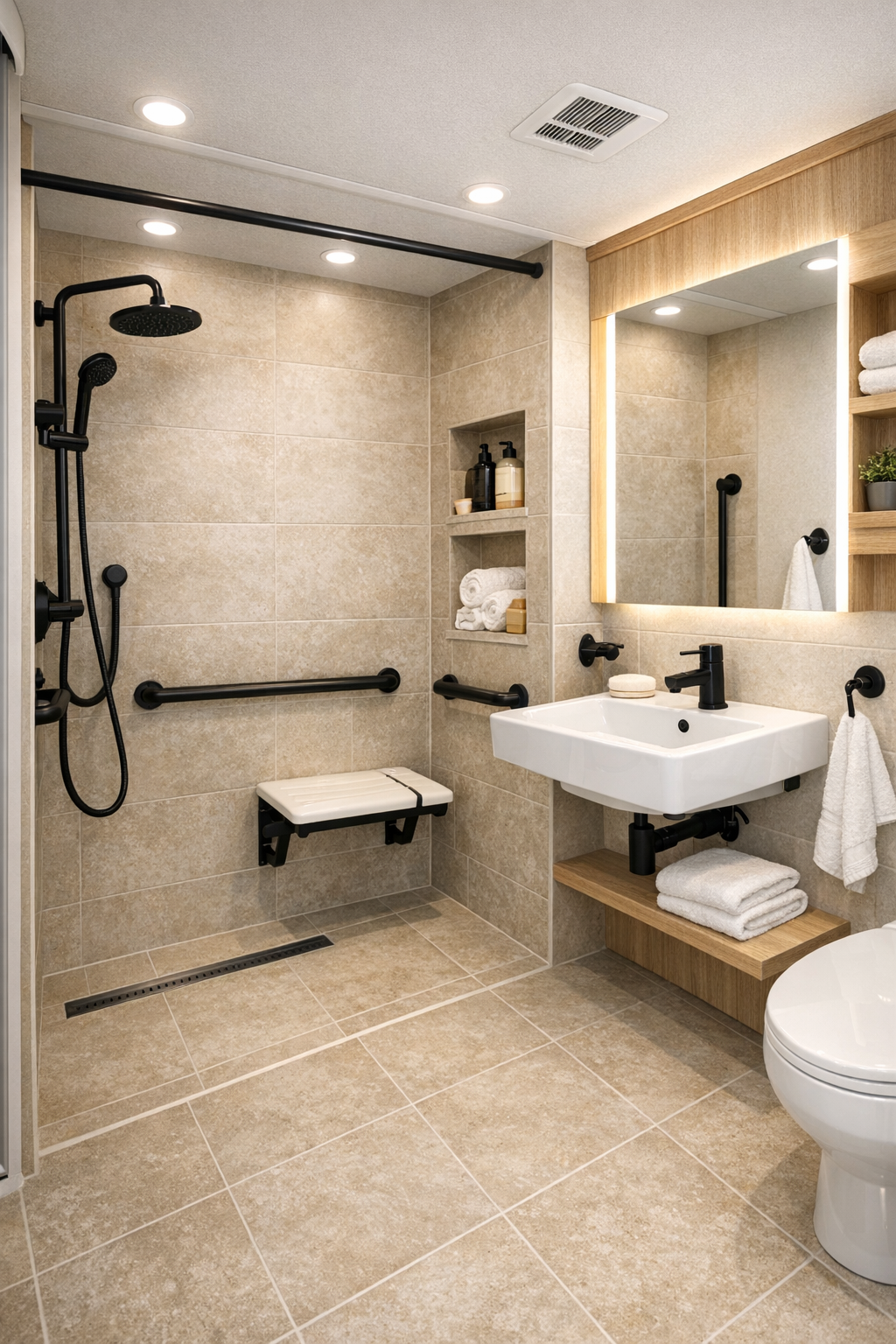Accessible RV bathroom with roll-in shower and sandy tile finishes