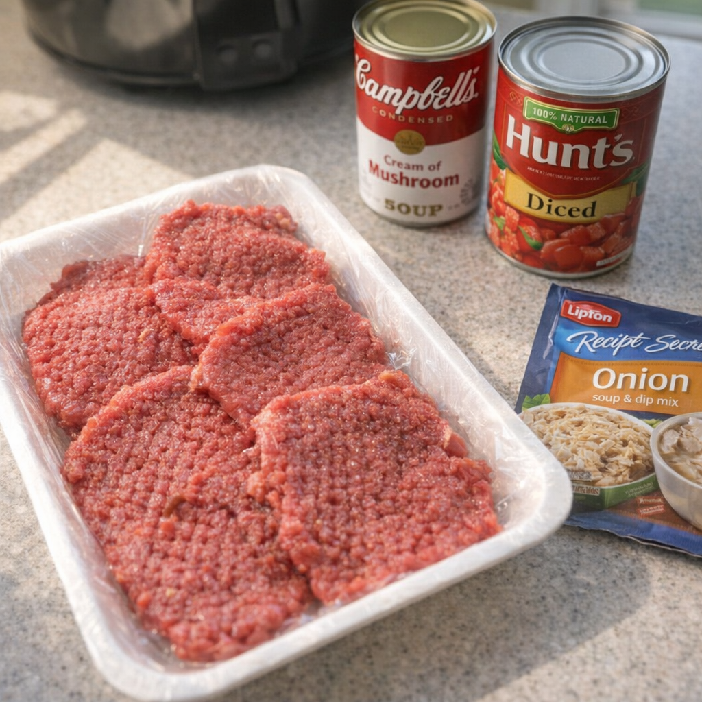 Slow cooker Swiss steak ingredients on a kitchen counter