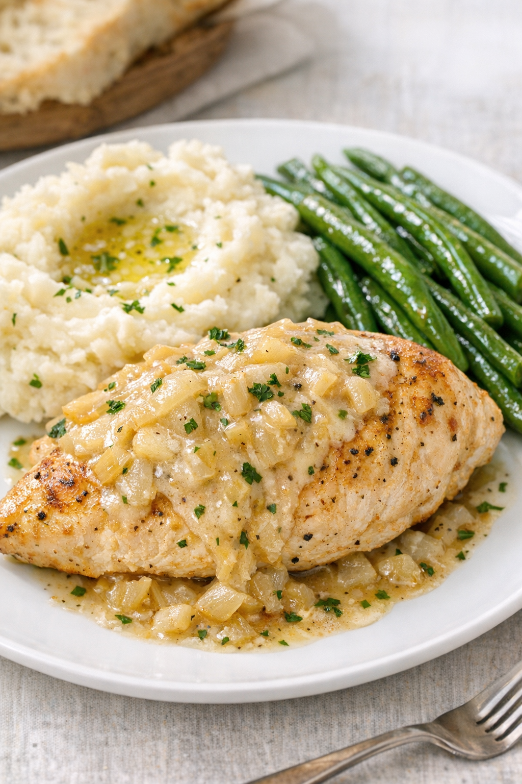 Plated oven chicken with pan sauce and simple sides