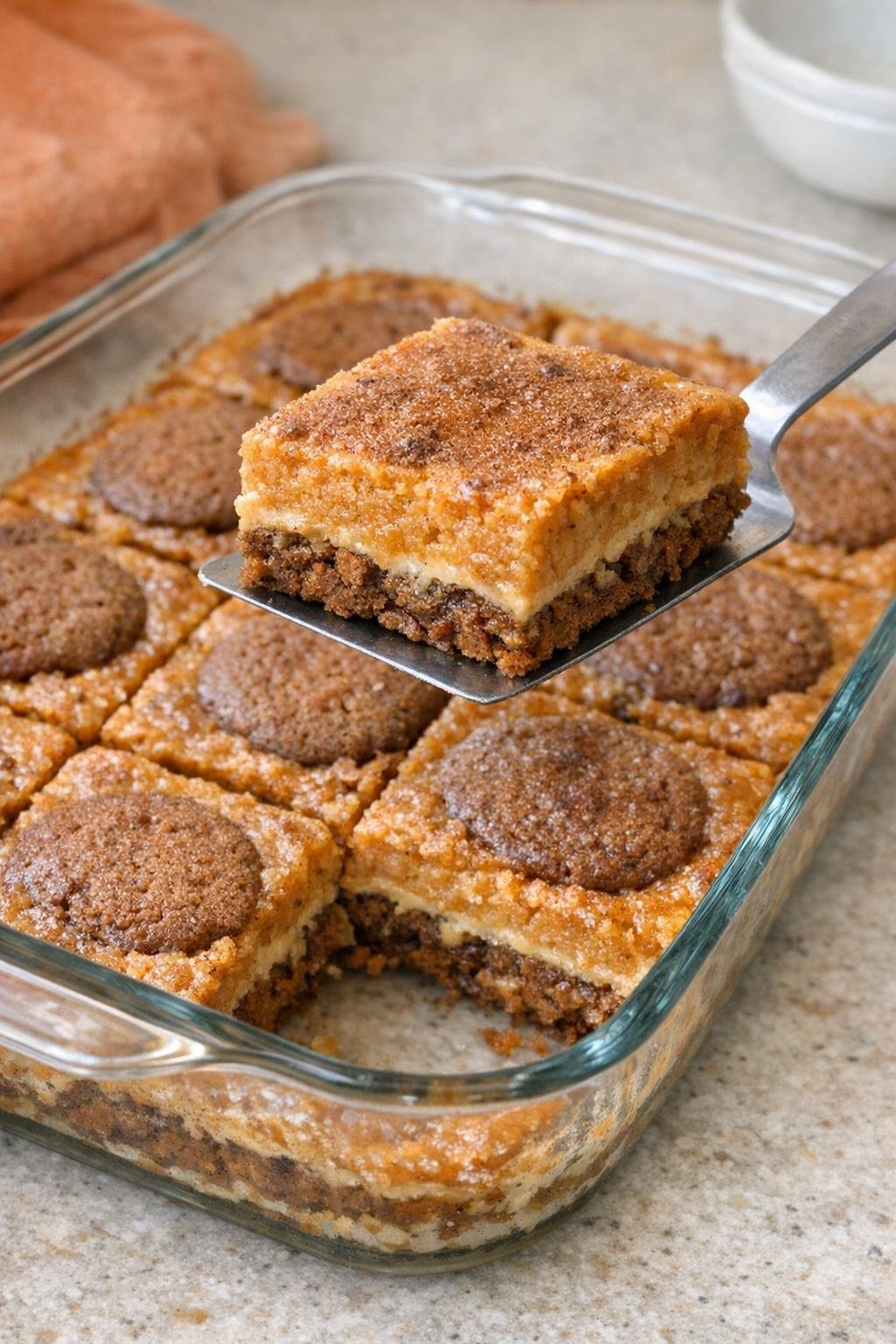 Finished ginger snap pumpkin bars in a glass baking dish