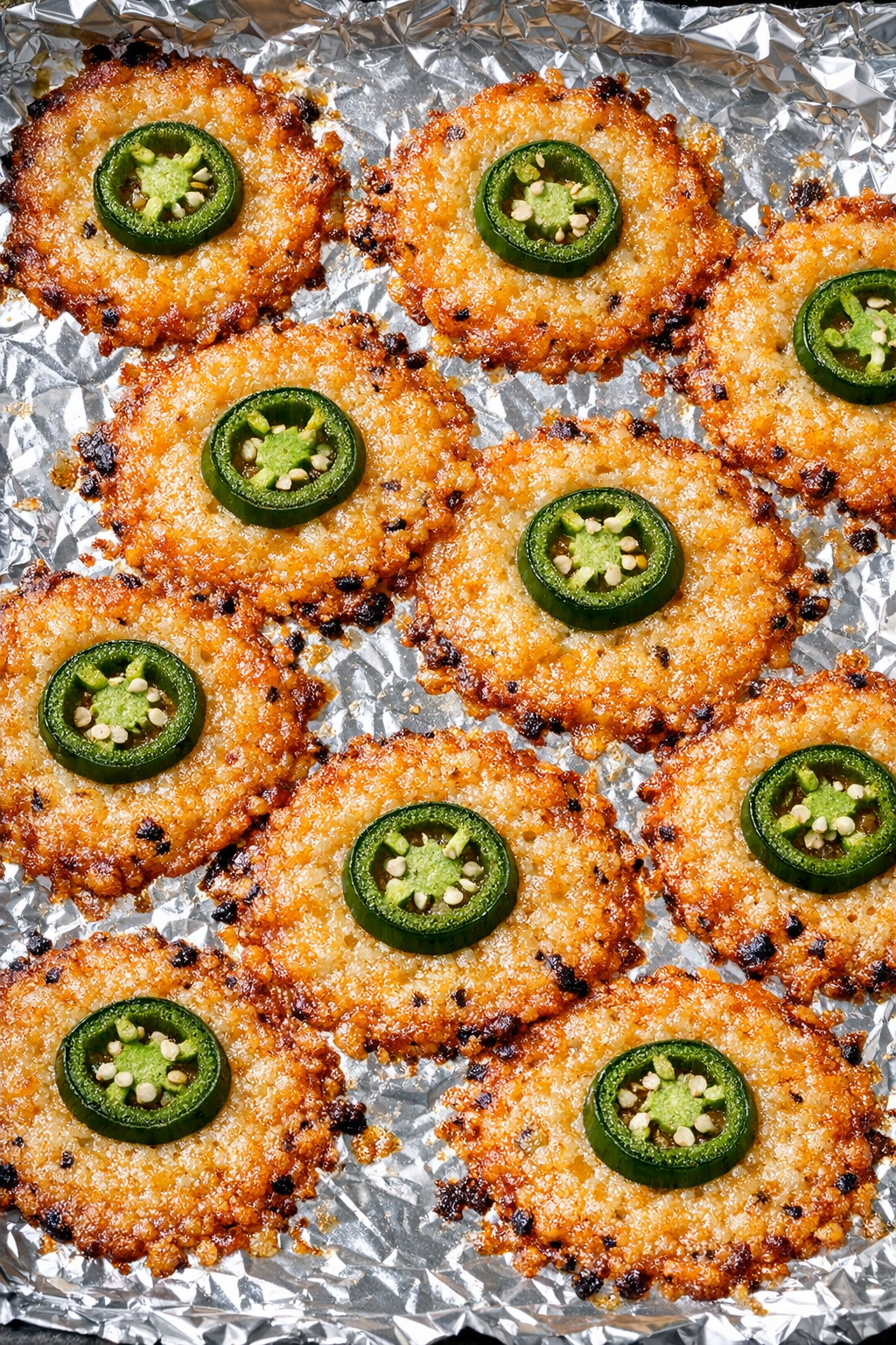 Cheddar jalapeno crisps on a foil-lined baking tray