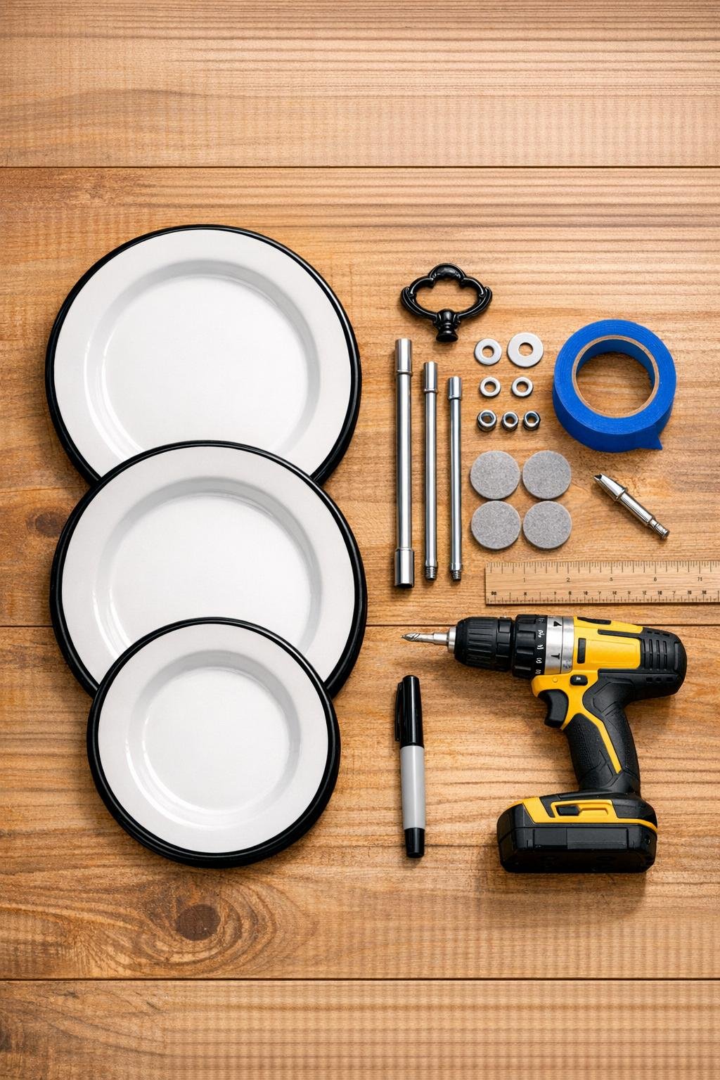 Thrifted enamelware plates and hardware laid out for a tiered tray project