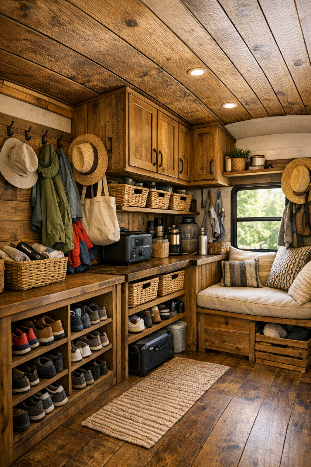 Thoughtful utility and storage area inside a converted bus with hooks, cubbies, and rustic finishes