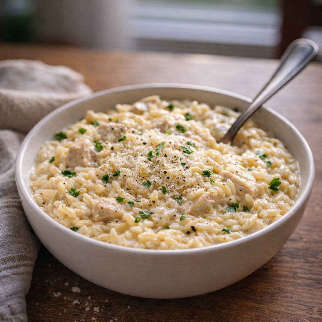 Creamy slow cooker orzo served in a bowl on a kitchen table