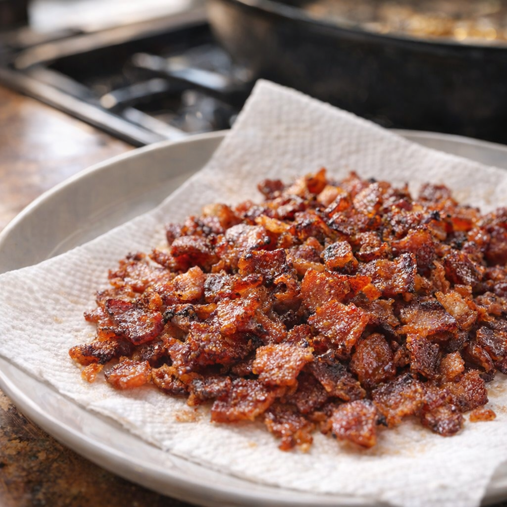 Crispy bacon draining on a paper towel-lined plate