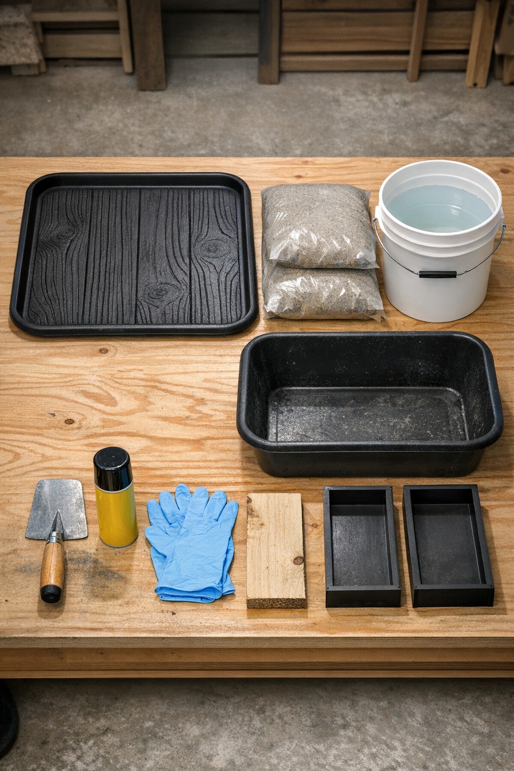 Materials for making wood-grain stepping stones laid out on a work surface