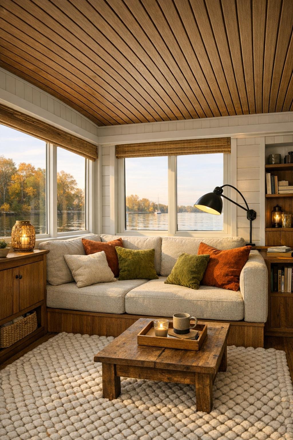 Cozy trawler houseboat living room with built-in sofa and wood ceiling