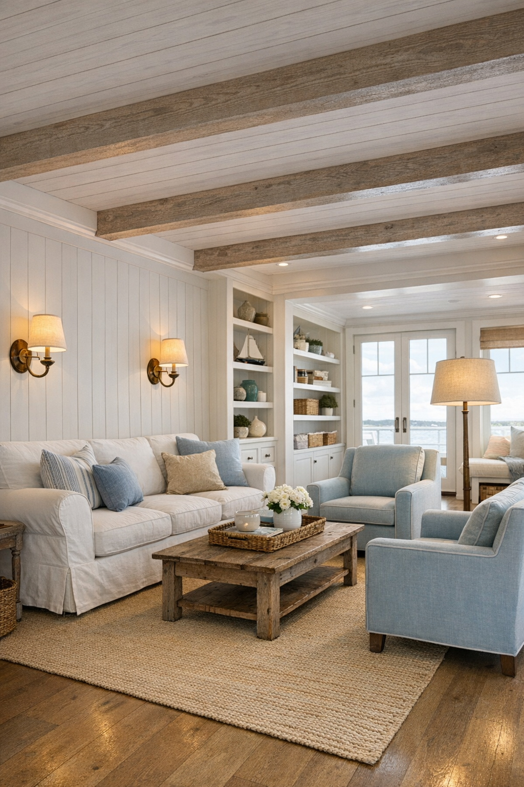 Bright coastal living room with slipcovered seating and painted paneling
