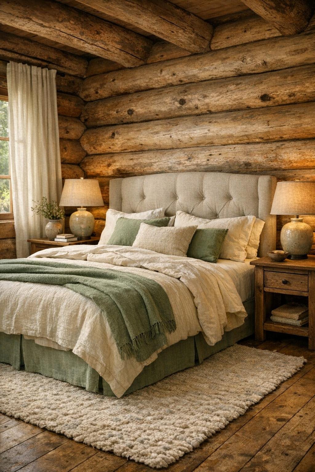 Peaceful log home bedroom with layered neutral bedding and soft textures