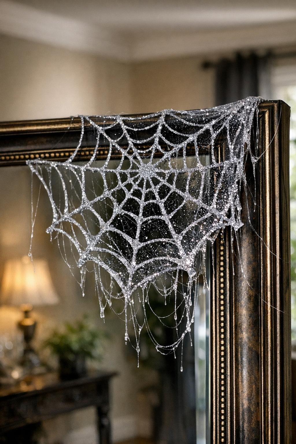 Finished giant glittering hot glue spiderweb draped for Halloween decorating