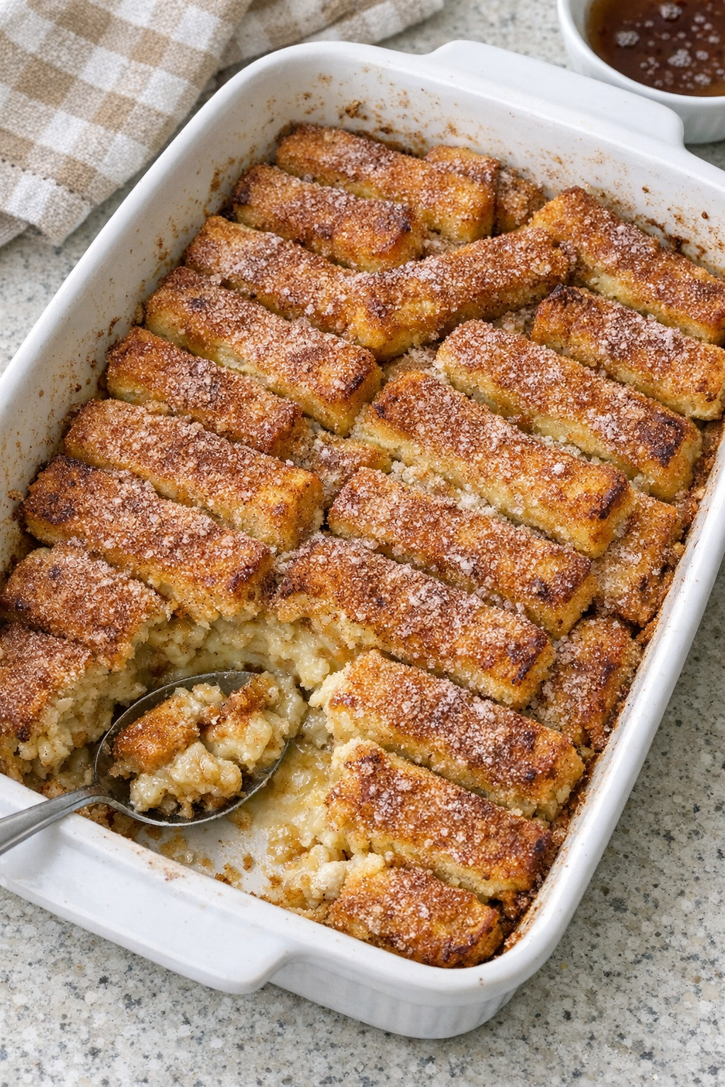 Baked French toast stick dessert in casserole dish