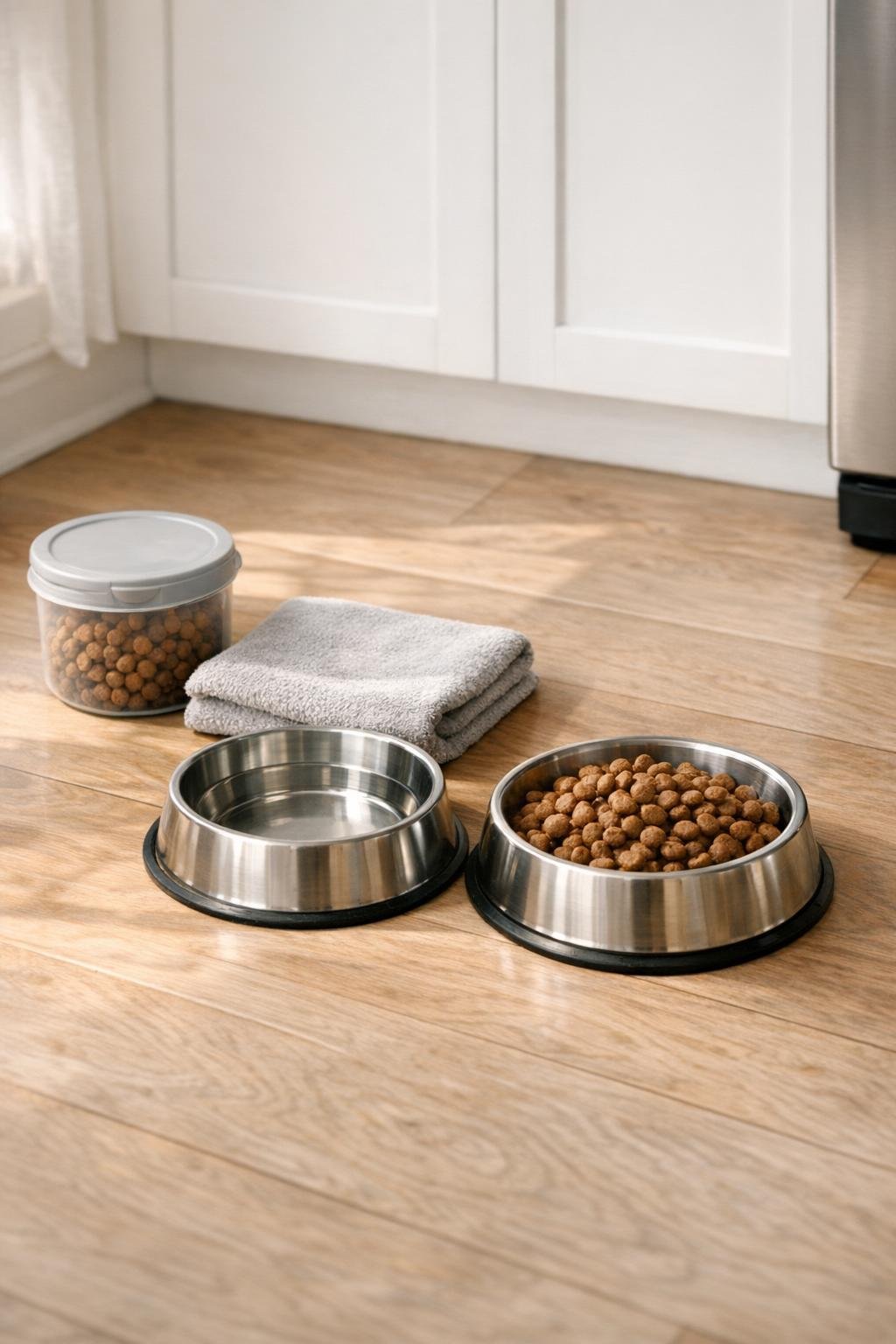 Dog bowls and folded towel by the kitchen