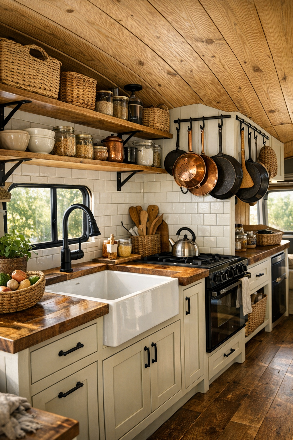 Rustic galley kitchen inside a converted bus with cream cabinets and butcher block counters