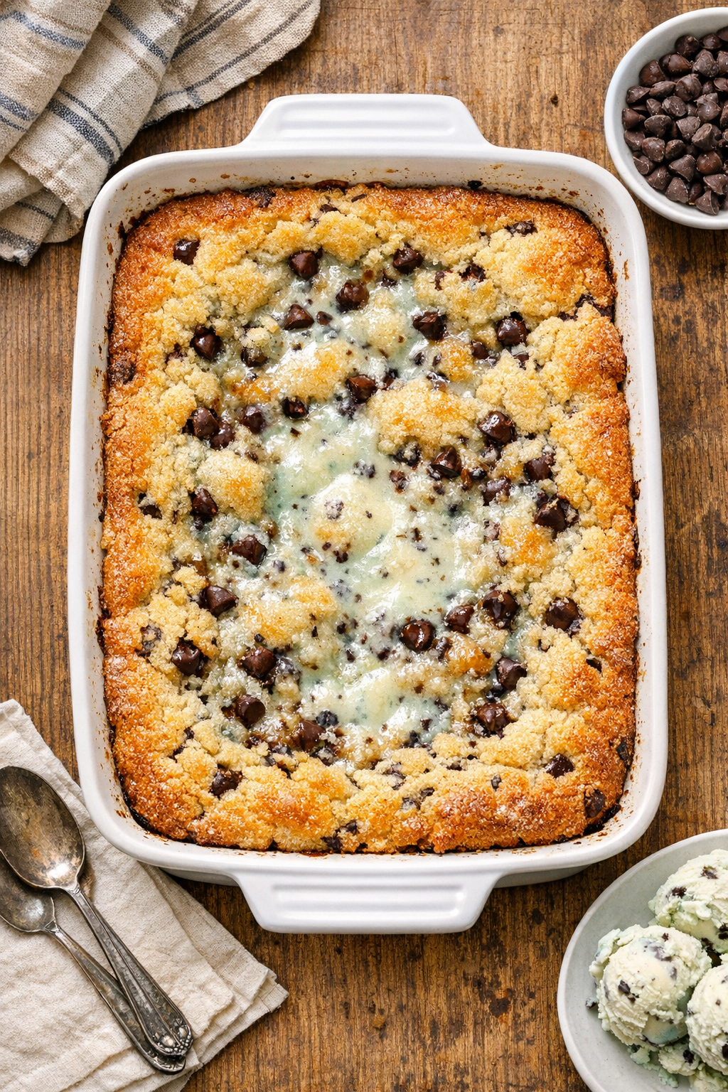 Warm baked mint chocolate chip dessert in baking dish