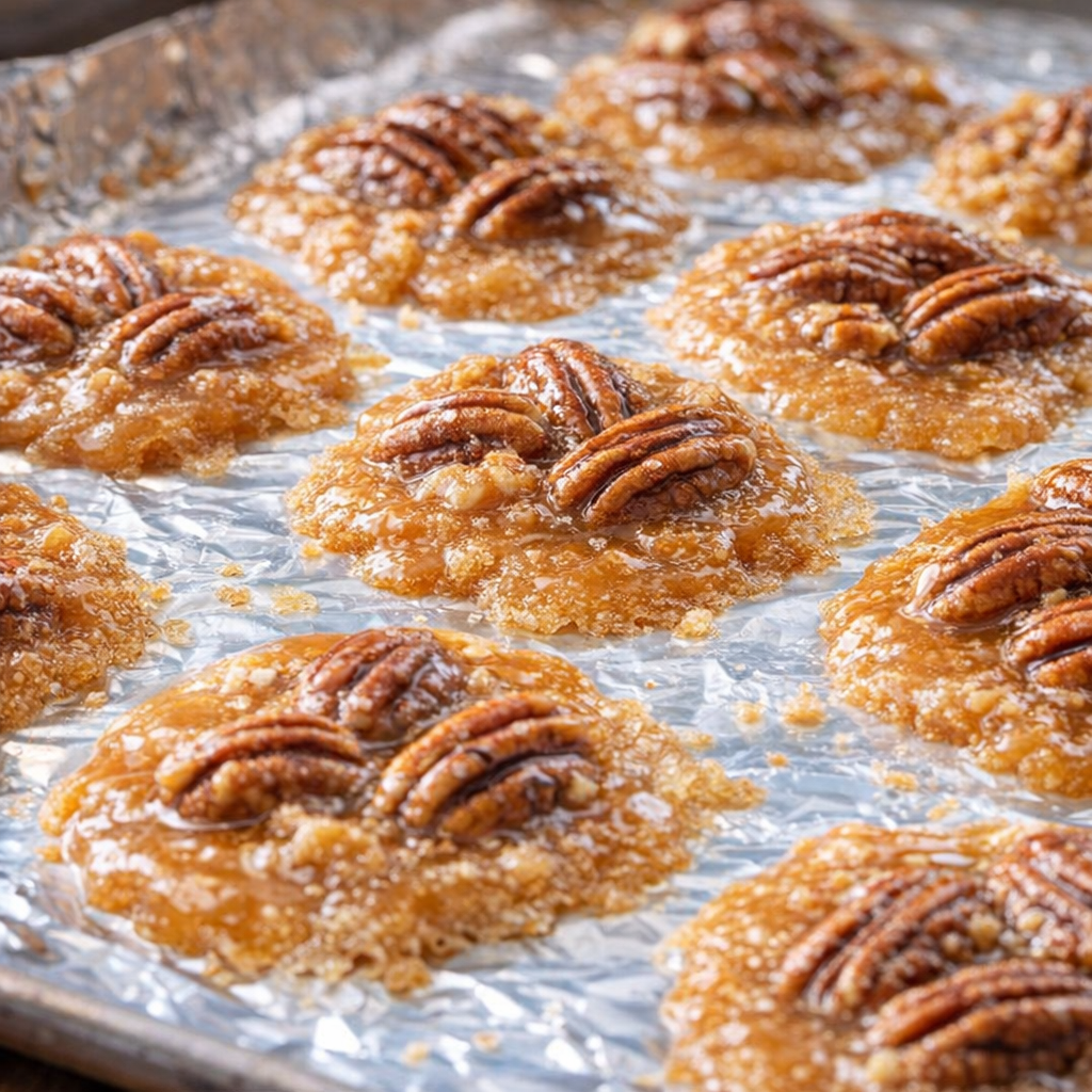 Freshly spooned pralines on a foil-lined baking sheet