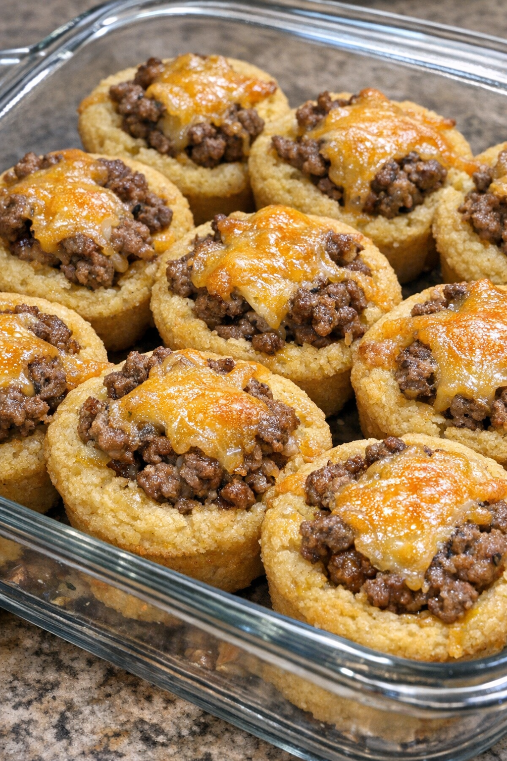 Close-up of baked beef cornbread cups