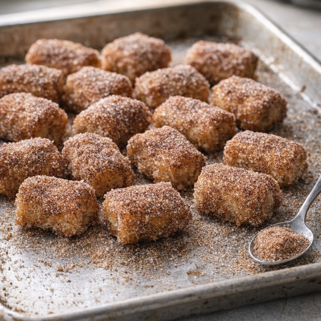 Churro bites on a baking sheet with extra cinnamon sugar