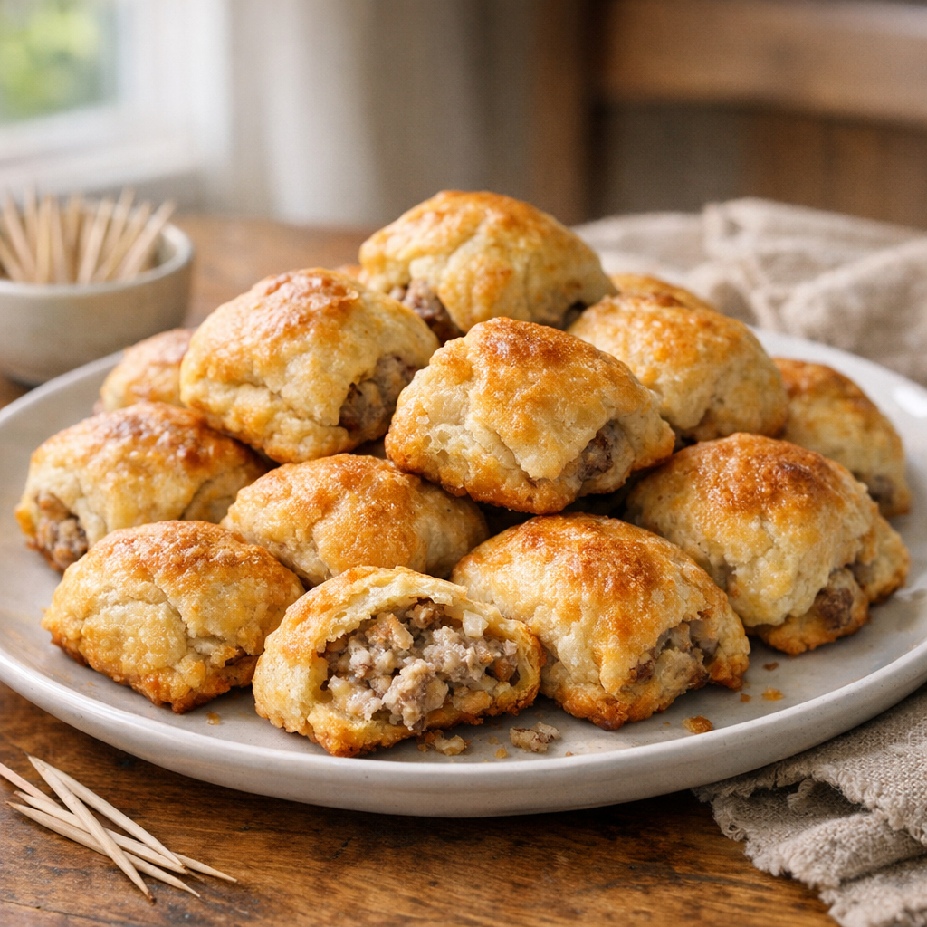 Warm sausage cream cheese bites on a white serving platter