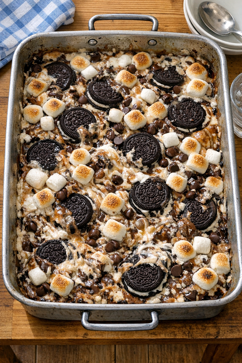 Finished baked chocolate cookie dessert in roasting pan