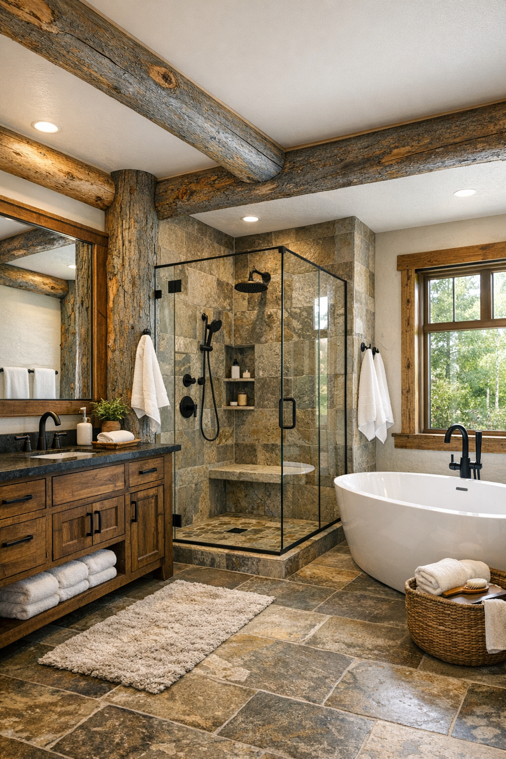 Bathroom with a wood vanity, stone tile shower, and freestanding tub