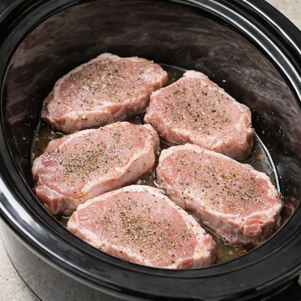 Pork chops laid in a slow cooker before the sauce is added