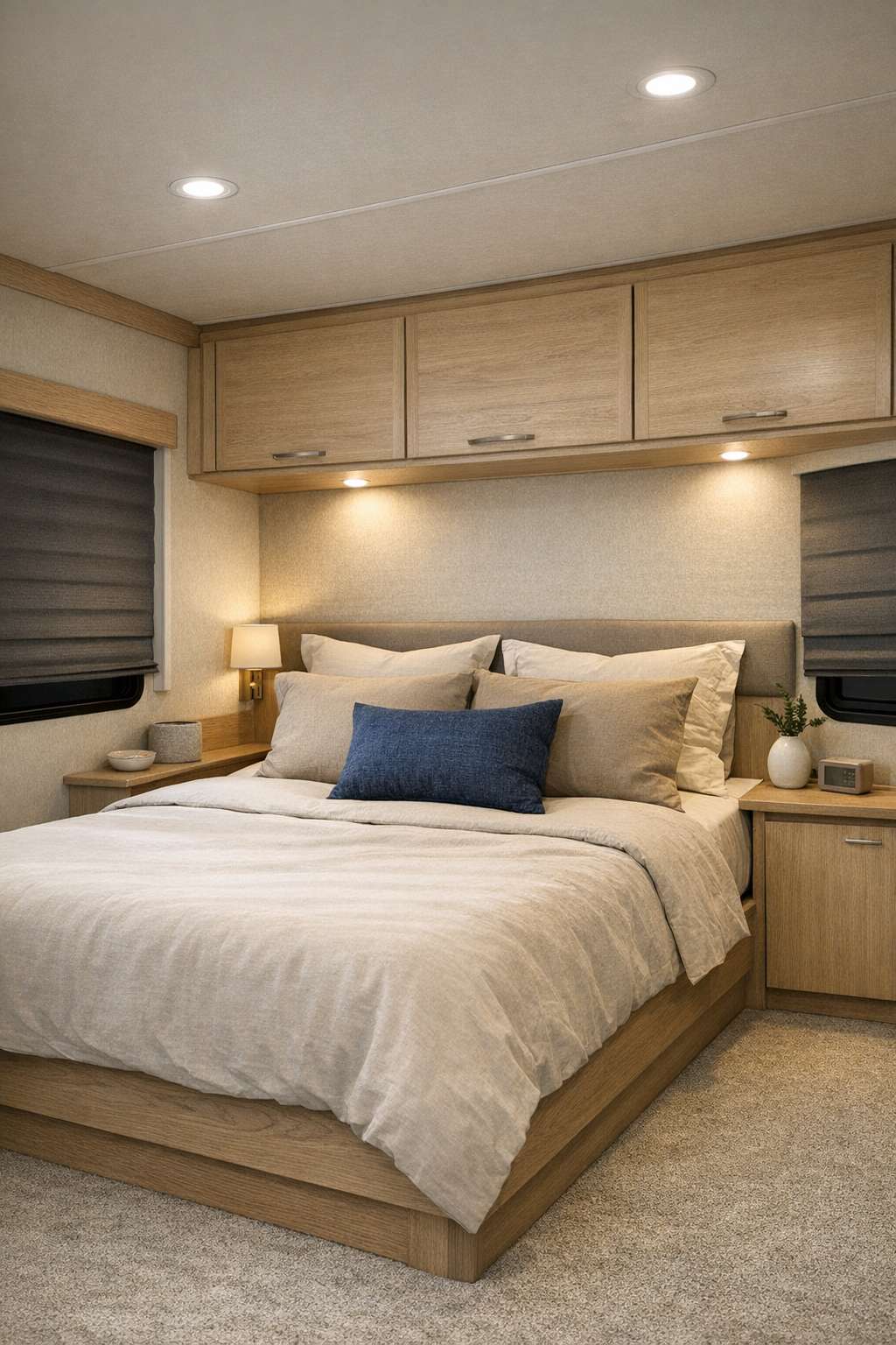 Serene RV bedroom with a platform bed, warm neutral bedding, and integrated storage