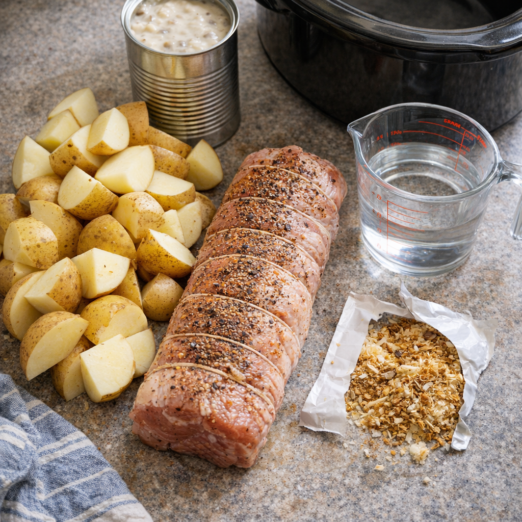 Slow cooker pork loin and potatoes ingredients on a farmhouse counter