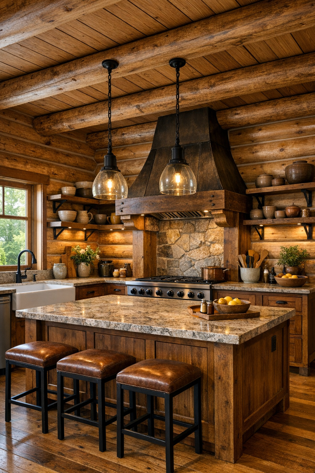 Kitchen with custom wood cabinetry, large island, farmhouse sink, stone counters, and warm log walls