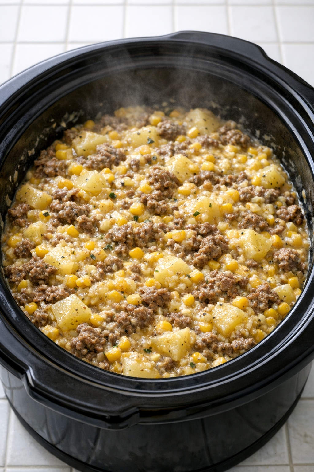 Cooked corn mash in the slow cooker after several hours