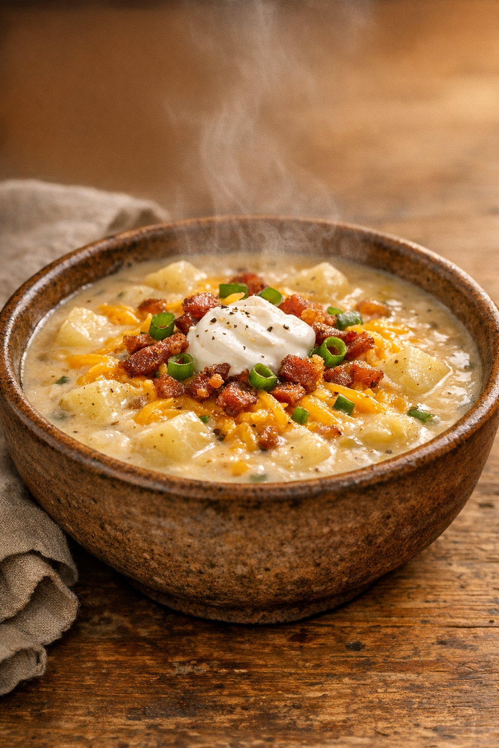 Finished loaded cheese potato soup served in a rustic bowl
