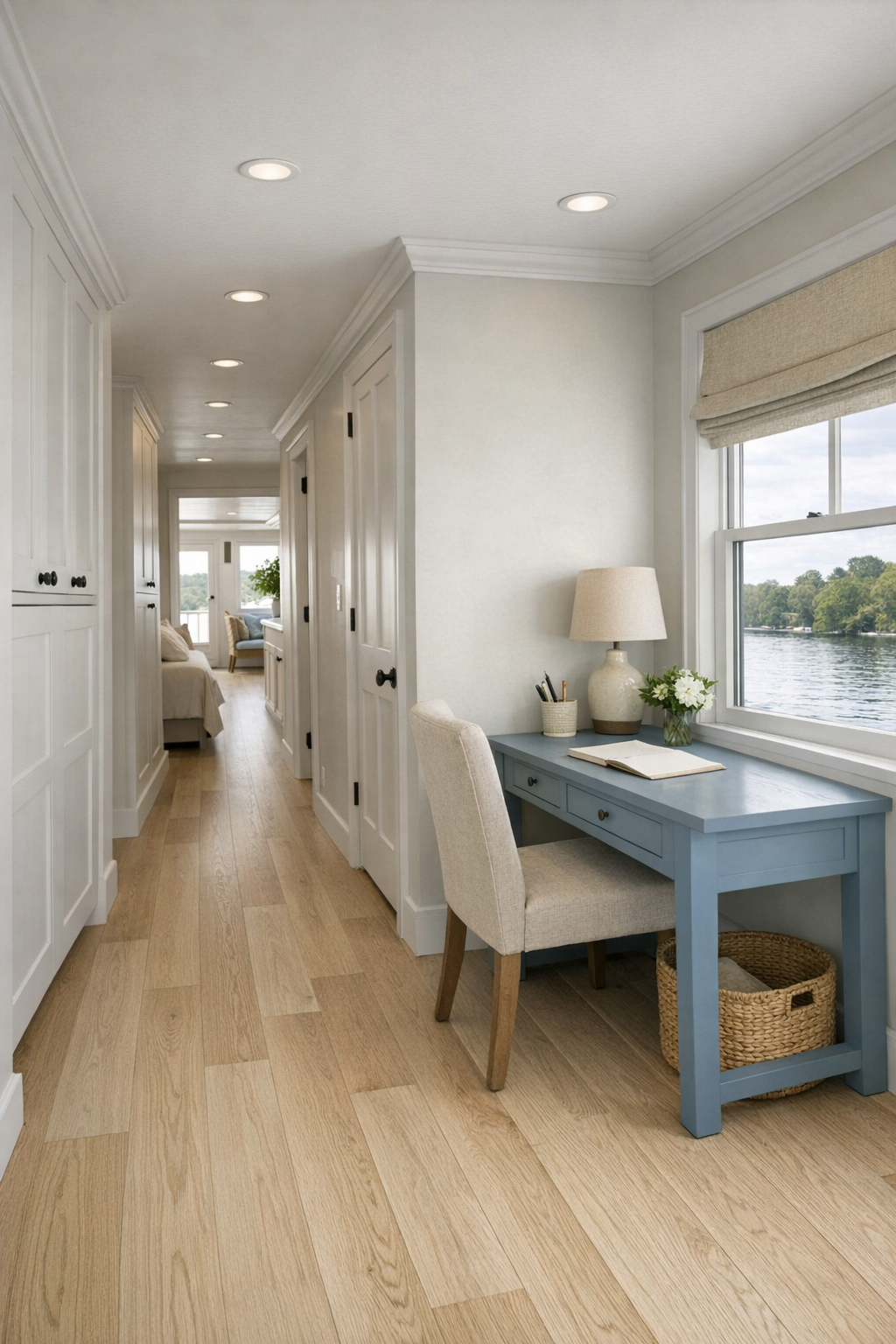 Bright hallway and flex space with white oak floors, built-ins, and a small desk by the window
